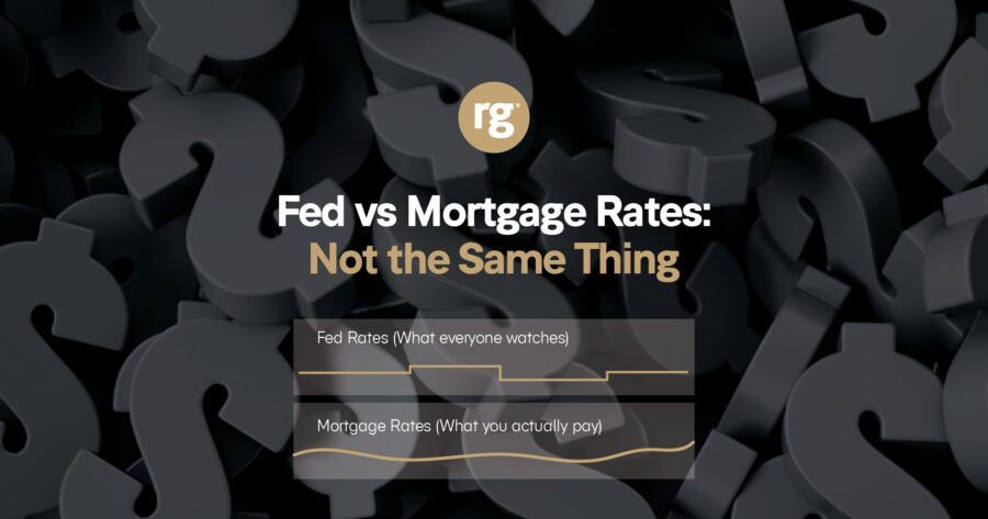black background with grey dollar signs, title, and graphs depicting fictional difference between effective fed rate and mortgage